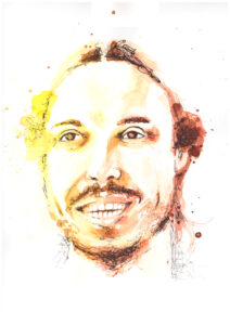 Aquarellportrait von Earthling Ed in den Farben gelb und braun