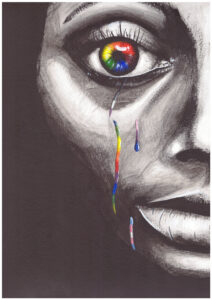 Aquarellportrait einer Schwarzen Frau in Schwarz-weiß mit Tränen in den Farben der Pride-Flagge