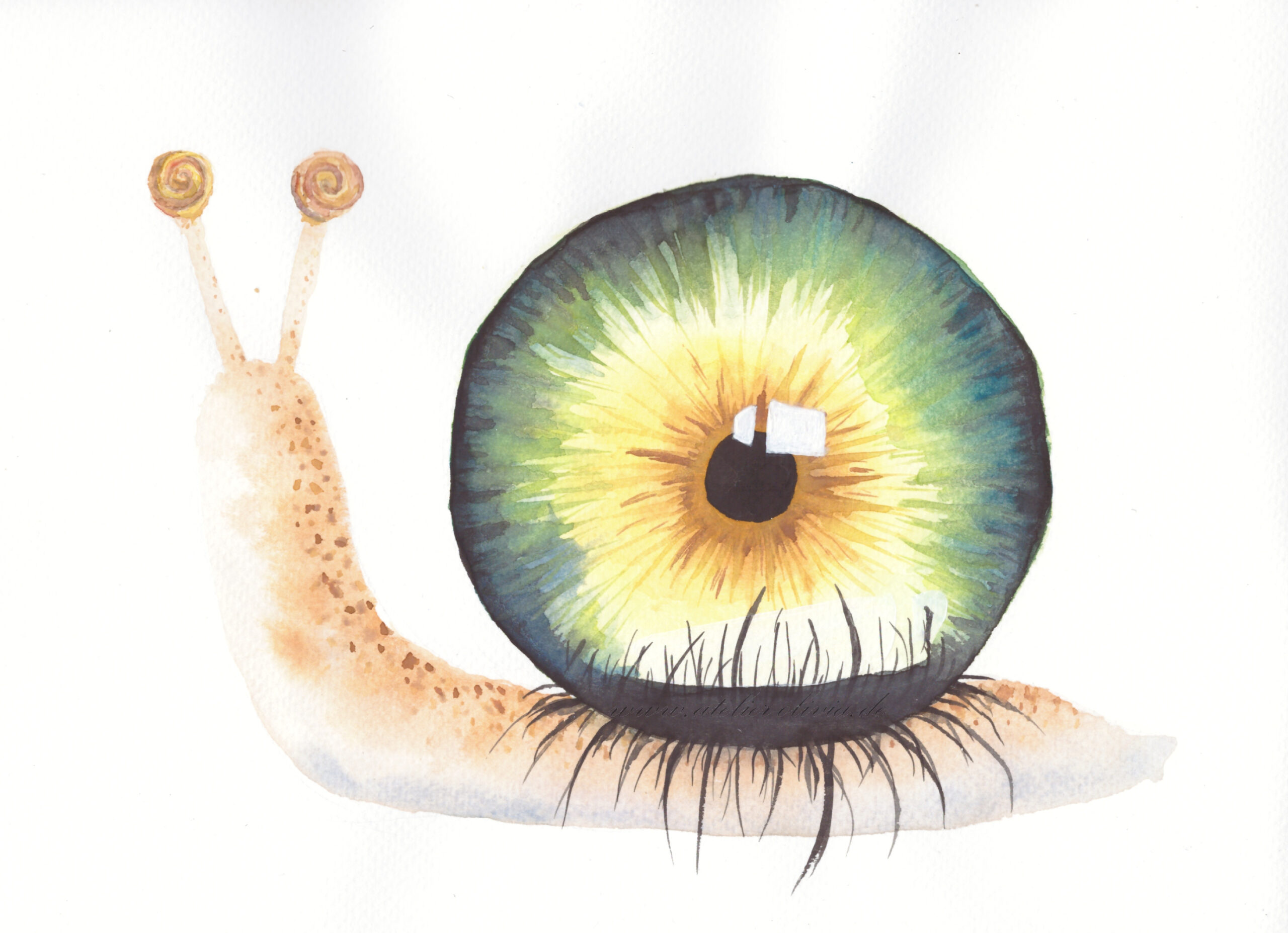 Surreale Schnecke, bei der statt Schneckenhaus ein Auge ist