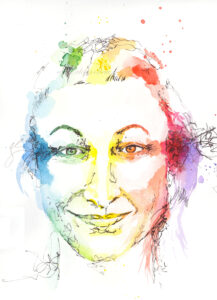 Aquarellportrait von Sophia Hoffmann in Regenbogenfarben