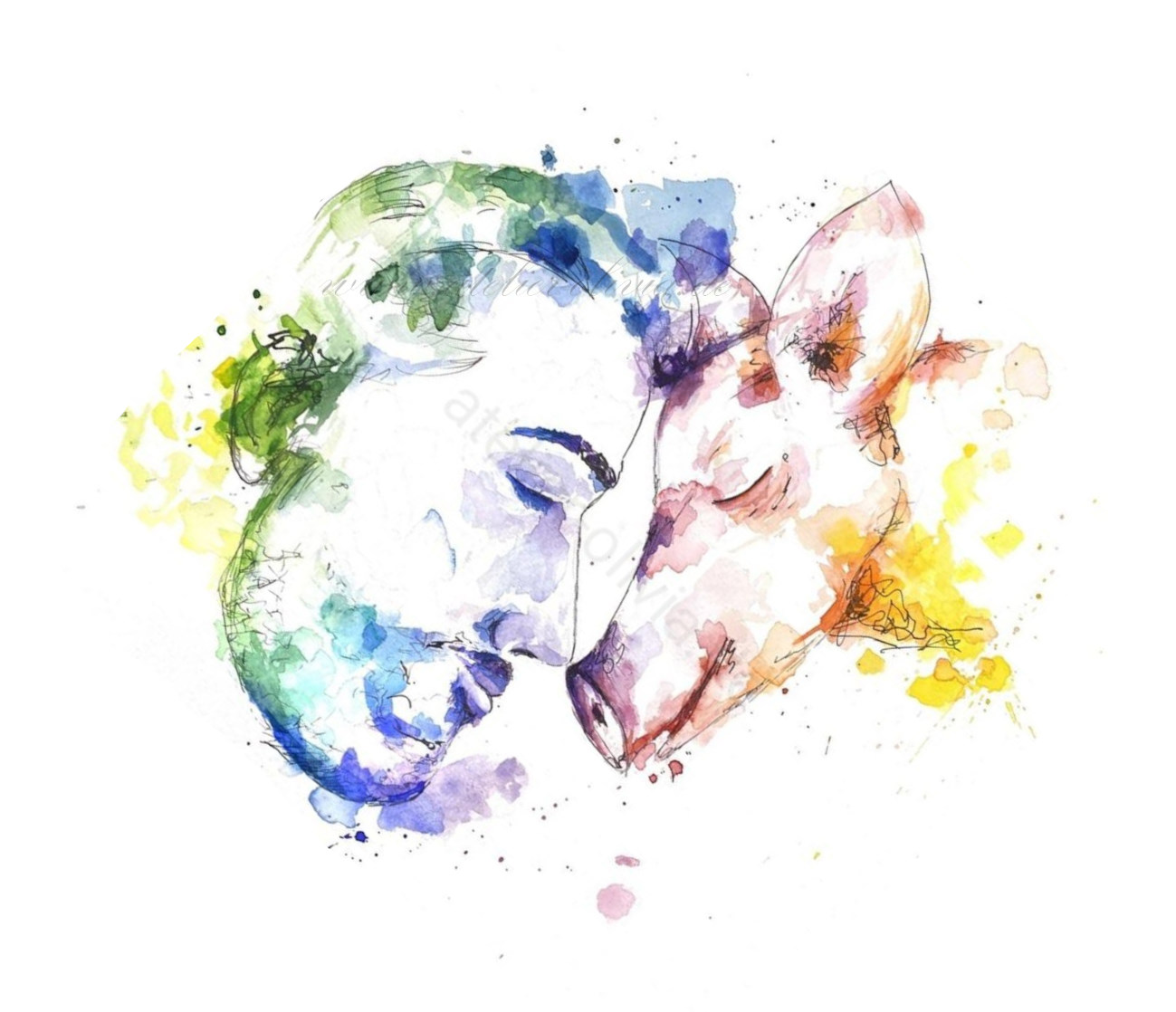 Aquarellbild von Mann und Schwein, Kopf an Kopf in Regenbogenfarben