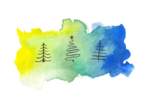 Aquarellbild mit gelb, grün, blauem Hintergrund und abstrakten Strichbäumen