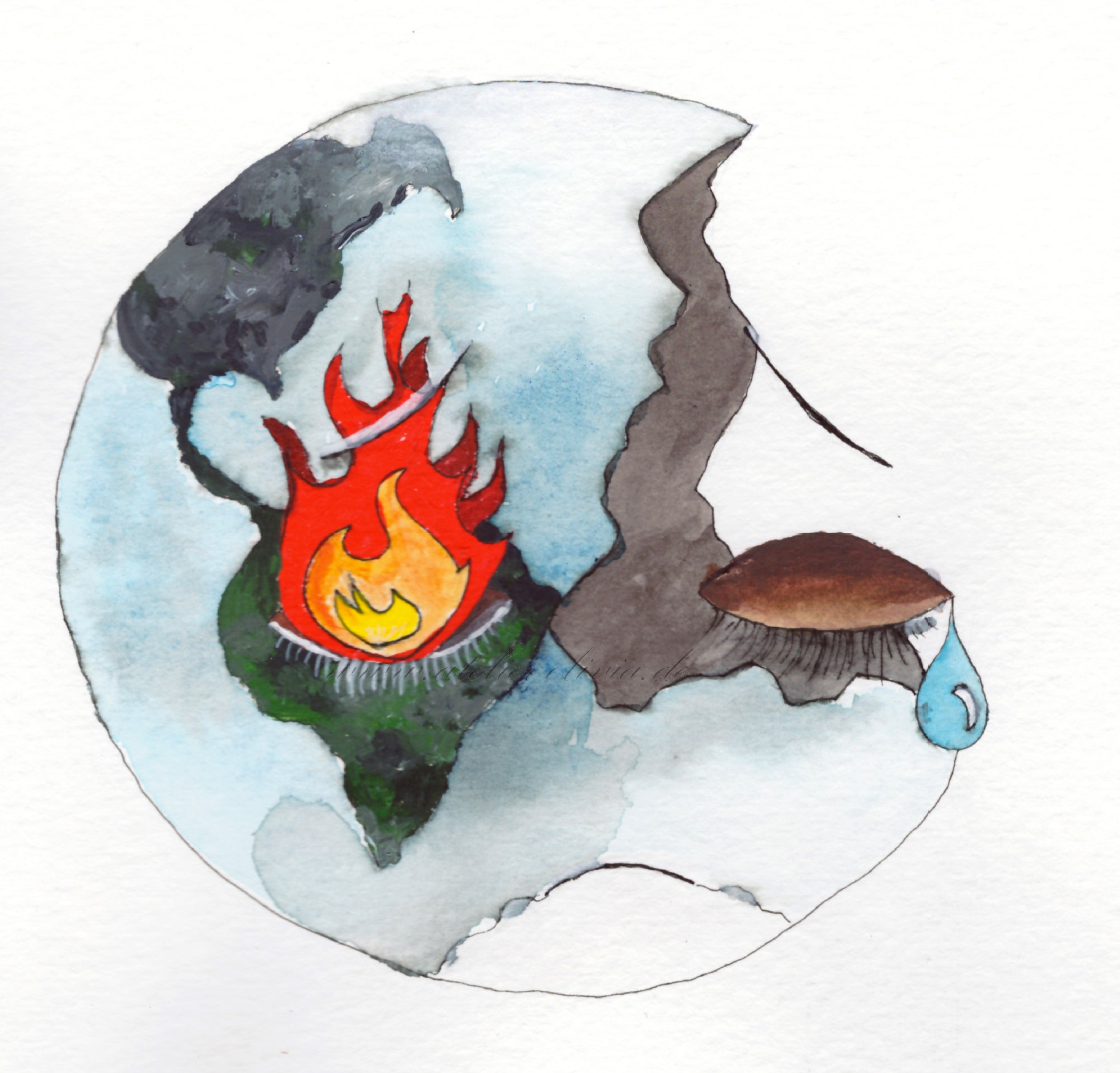 Surreales Abbild der gebrochenen Erde mit weinendem Gesicht und Feuer