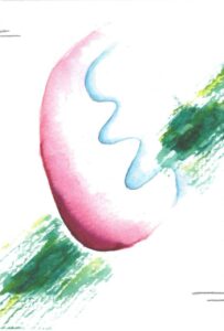 Abstraktes Aquarellbild mit halbem, roten Tropfen, blauer Schlangenlinie und dunkelgrünem Strich