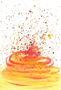 gelb-orange-roter Wirbel, der oben in viele Punkte übergeht