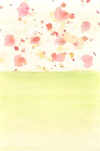 zweigeteiltes Aquarellbild: unten grün-gelb, oben unregelmäßig rot orange Punkte