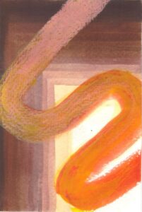 Abstraktes Bild mit orangem Kringel und brauner Ecke in Farbbastufungen